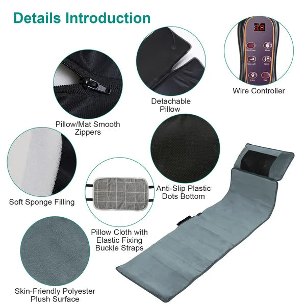 Full Body Electric Massage Mat with Heat — 10 Vibration Motors & Neck Pillow
