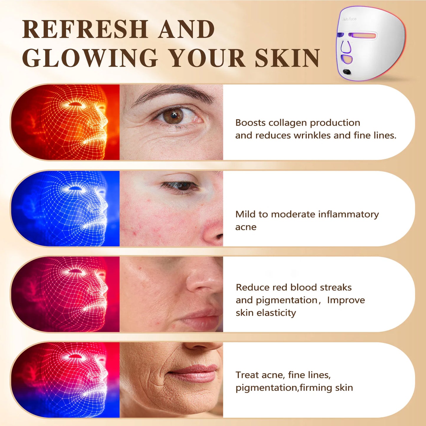 LED Red Light Therapy Face Mask — 3 Modes, Full Face Coverage, Home Skincare