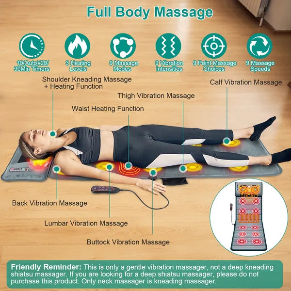 Full Body Electric Massage Mat with Heat — 10 Vibration Motors & Neck Pillow