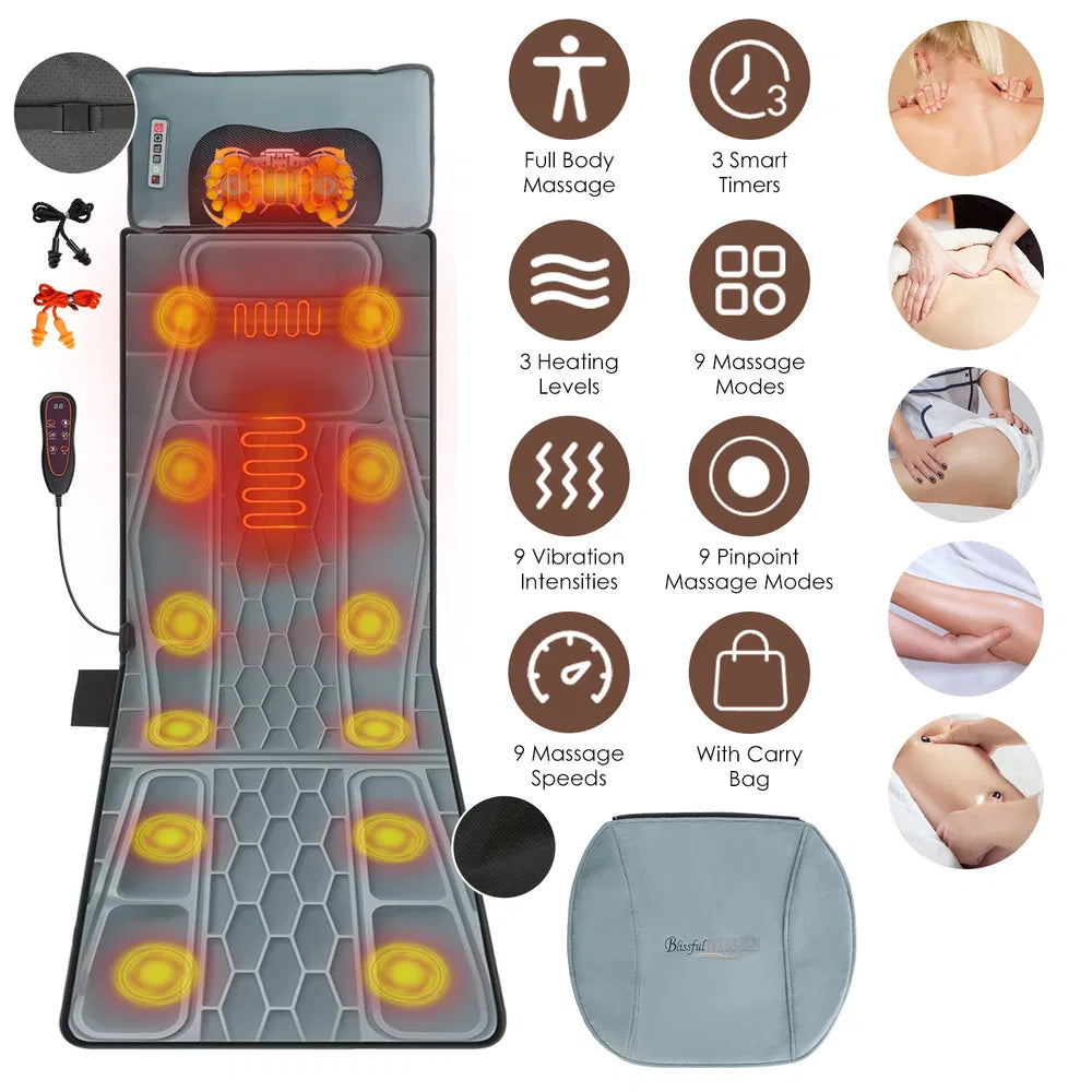Full Body Massage Mat with Shiatsu Neck Massager — Heat, Timer & Carry Bag