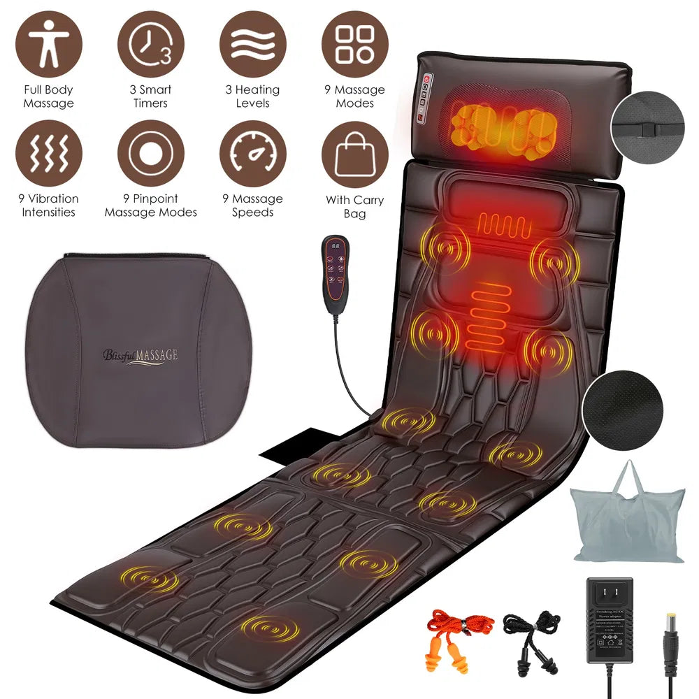 Full Body Massage Mat with Shiatsu Neck Massager — Heat, Timer & Carry Bag