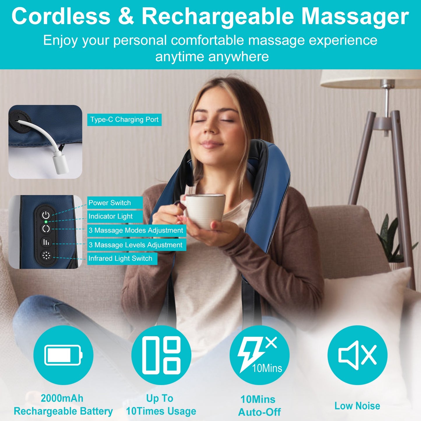 Electric Neck & Shoulder Shiatsu Massager — Infrared Heat, 3 Modes