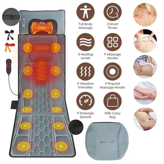 Full Body Massage Mat — Shiatsu Neck Massager, Heat Timer, Carry Bag