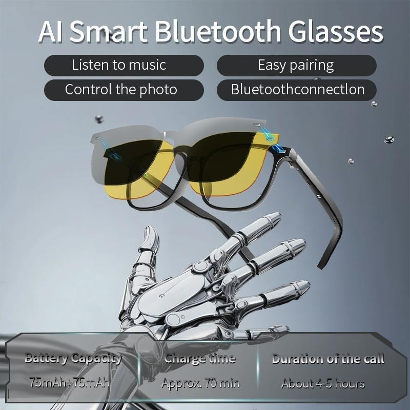 Smart AI Bluetooth Glasses — Interchangeable Lenses, Open-Ear Audio, 8H Battery