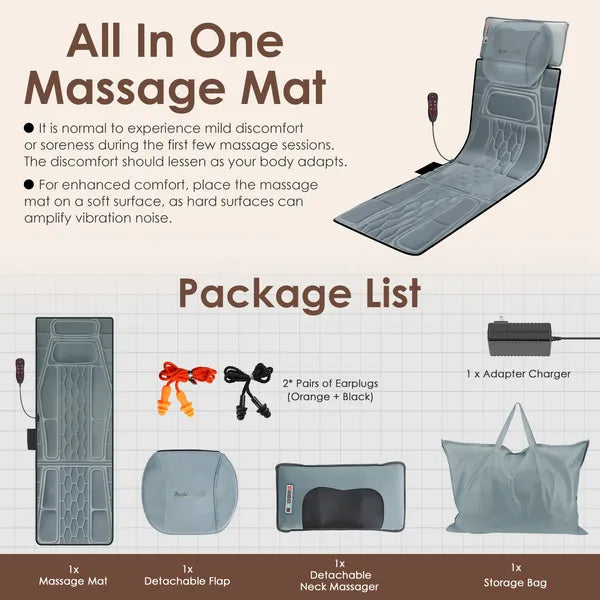 Full Body Massage Mat with Shiatsu Neck Massager — Heat, Timer & Carry Bag